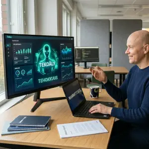 mies toimistossaan varmistaa tekoalyn tekstia